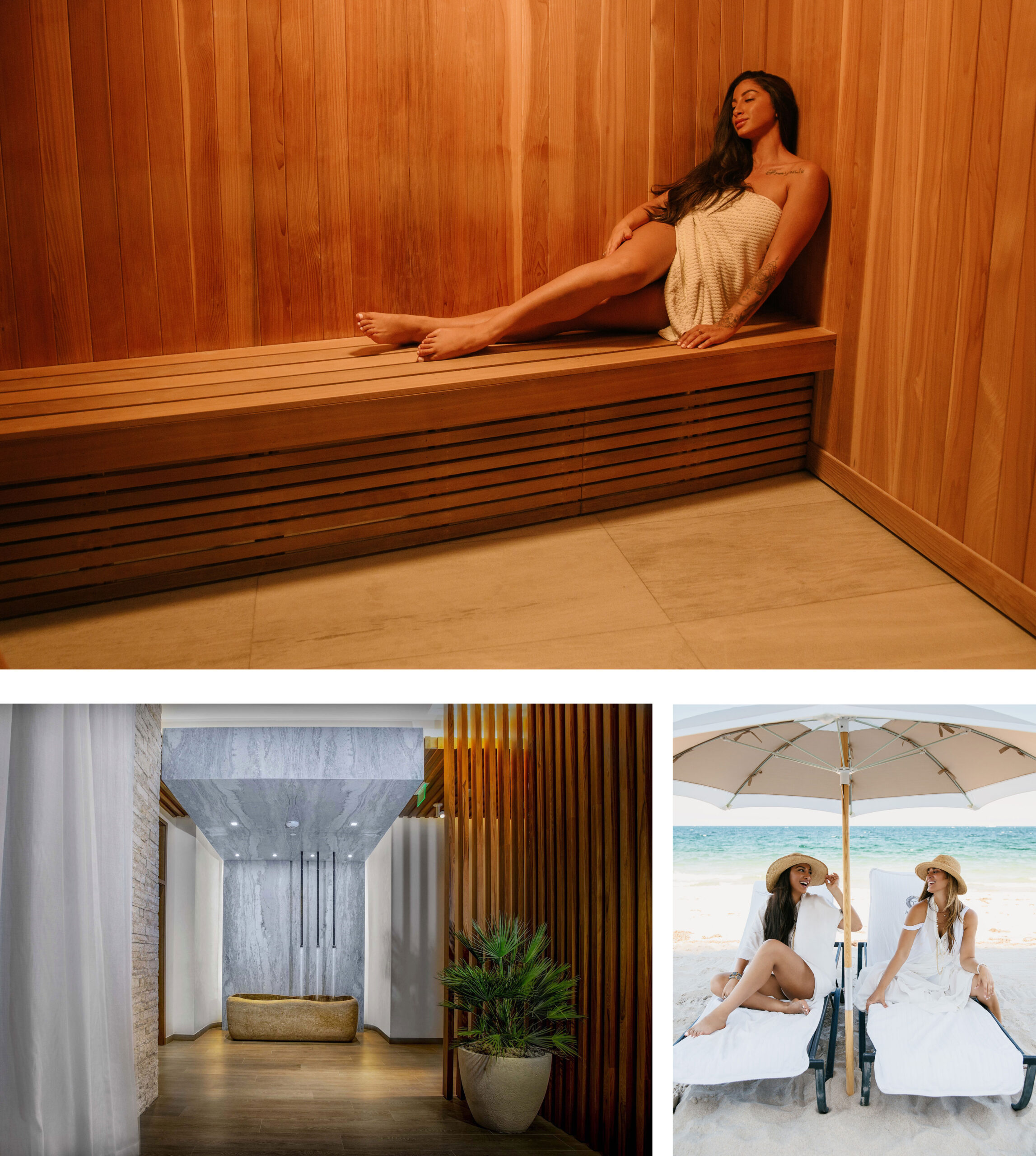 Collage of three pictures showing a woman in a sauna, a modern water fountain sculpture and two women sitting under beach umbrellas.